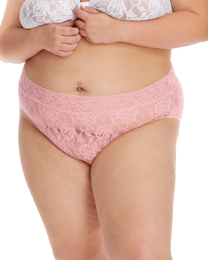 Front of a model wearing a size 3X SIGNATURE LACE PLUS SIZE FRENCH BRIEF in PNKL-PINK LADY by Hanky Panky. | dia_product_style_image_id:272619
